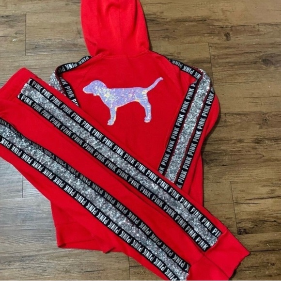 PINK VS RED BLING HOODIE / JOGGERS OUTFIT SET L - Picture 2 of 13